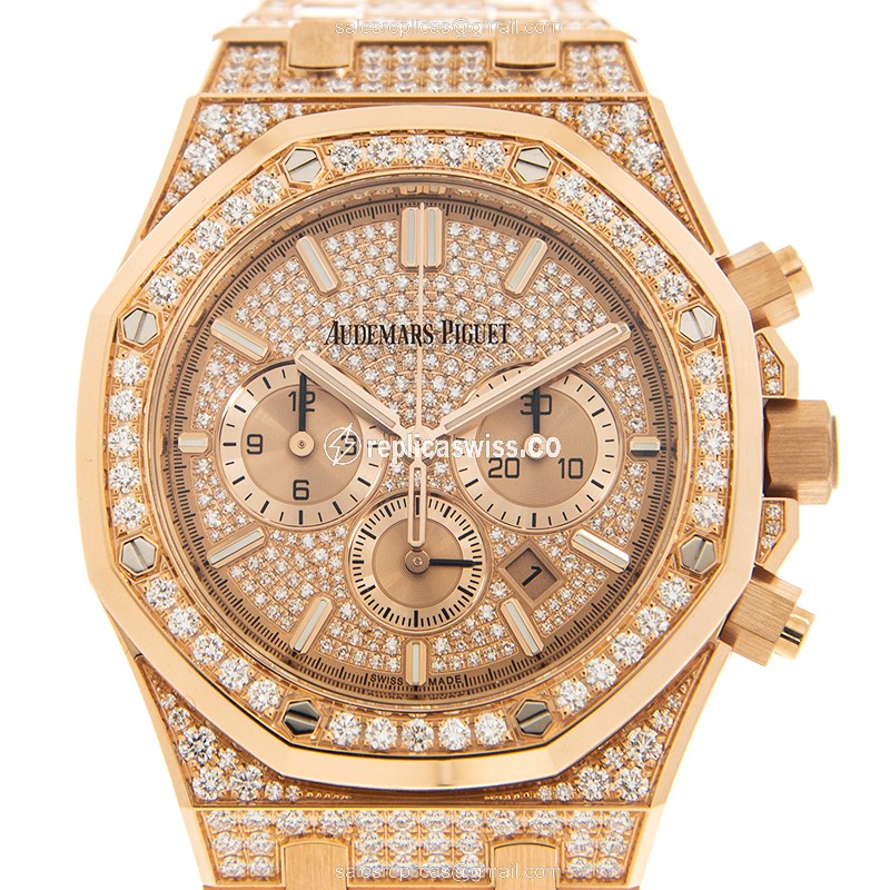 Audemars Piguet Royal Oak Replica - Automatic - 18kt Rose Gold Case - Diamonds - Gold Dial & Strap