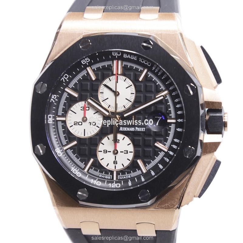 Automatic - 18kt Rose Gold - Audemars Piguet ROYAL OAK Replica - Black Dial - Rubber Strap - Buckle Clasp - Luxury Replica ROYAL OAK OFFSHORE Watch