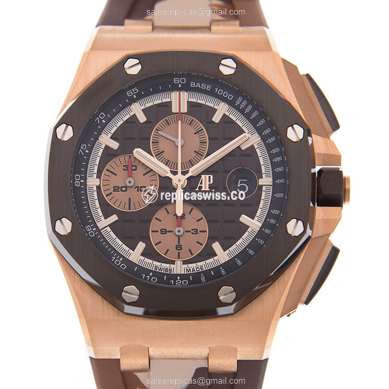 Automatic ROYAL OAK OFFSHORE - 18kt Rose Gold - Brown Dial - Rubber Strap - Buckle Clasp