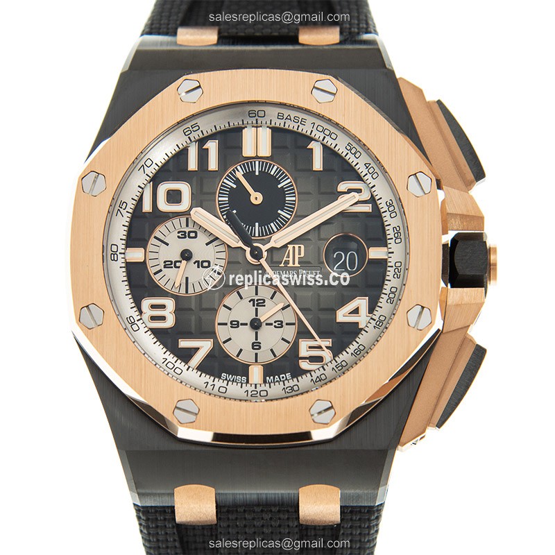 Royals ROYAL OAK OFFSHORE Replica - Auto 18kt Rose - Gray Dial - Black Rubber - Buckle Clasp