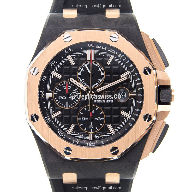 Audemars Piguet Royal Oak Offshore Replica - Automatic - Carbon & Pink Gold - Black Dial - Rubber Strap