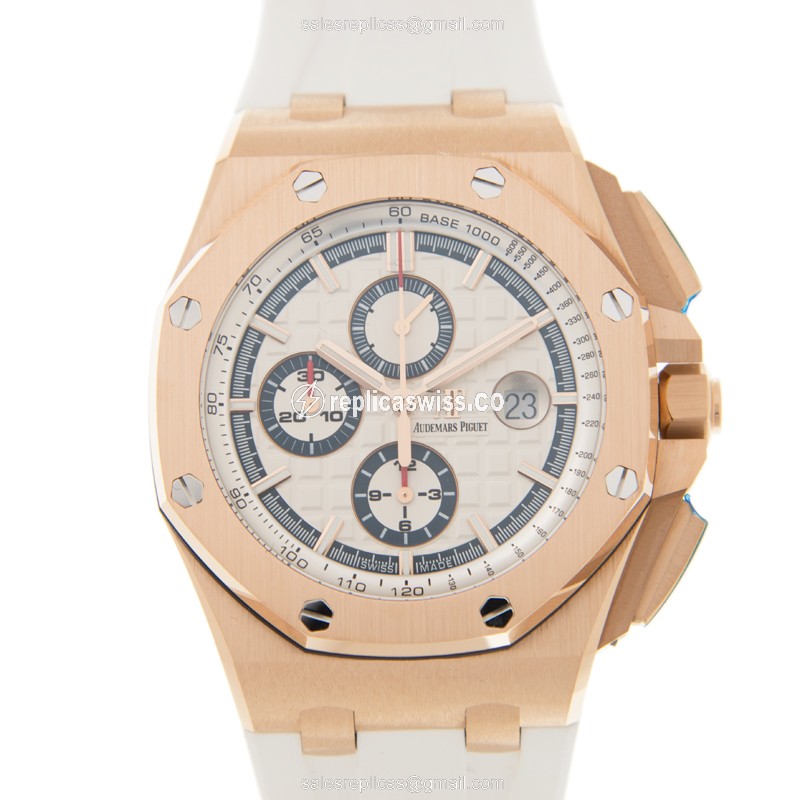 Audemars Piguet Royal Oak Offshore Replica - Auto - 18kt Rose Gold - White Dial - Rubber strap