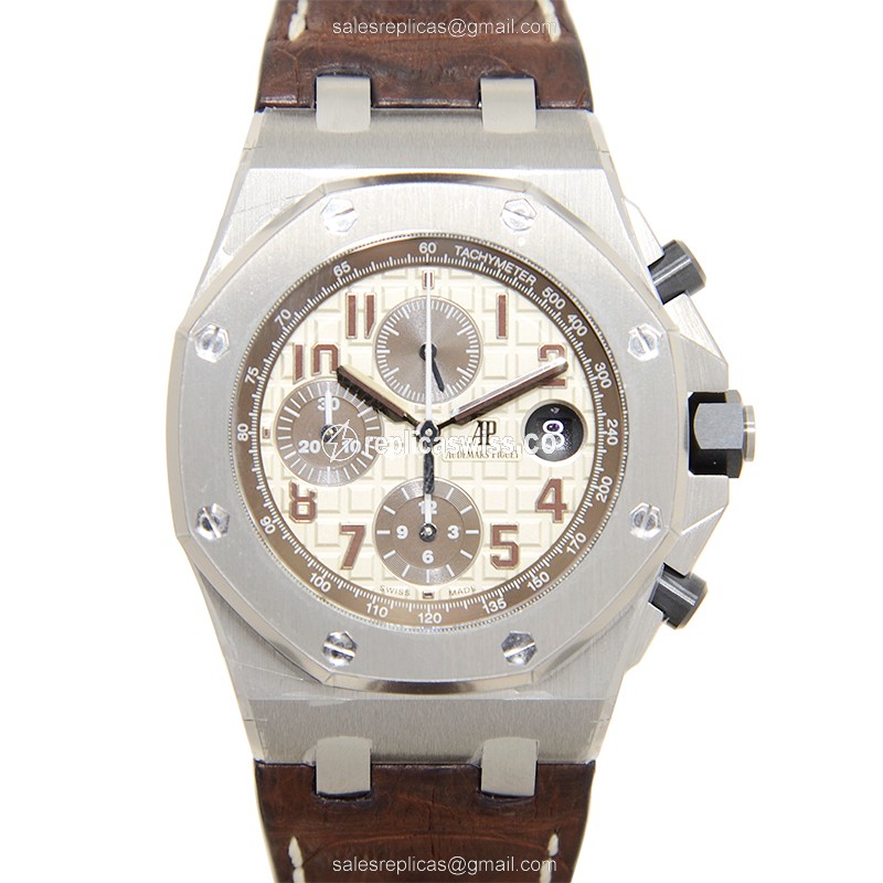 Automatic ROYAL OAK OFFSHORE - Audemars Piguet Replica - White Dial - Brown Alligator Strap