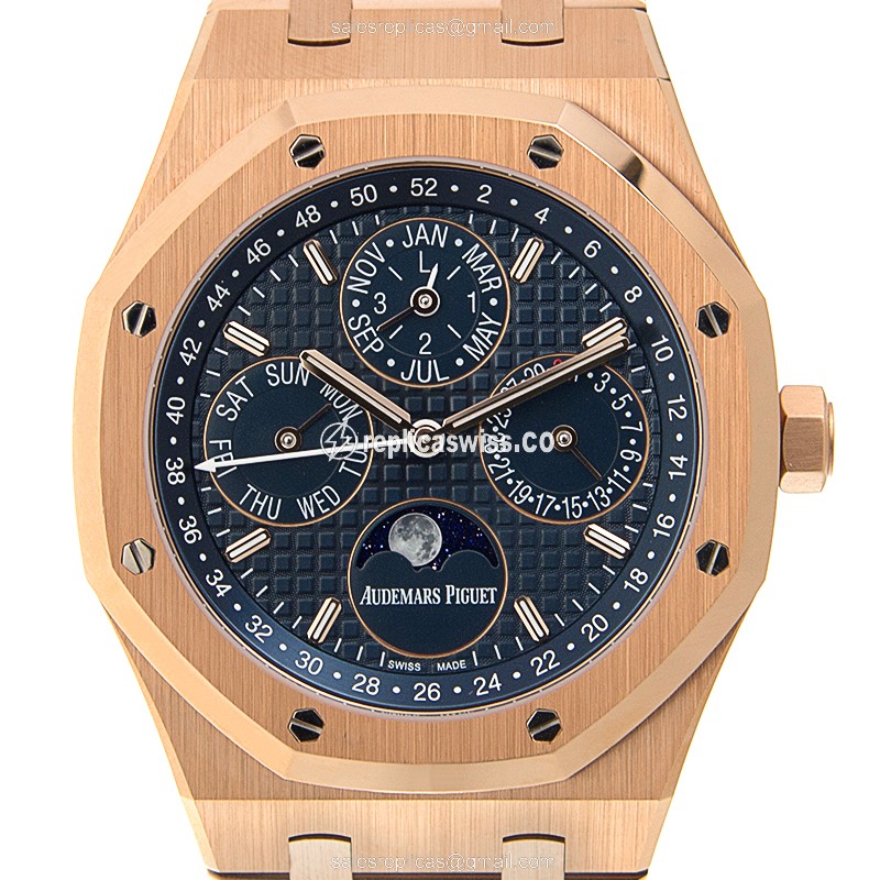 Automatic Replica Audemars Piguet Royal Oak - 18kt Rose Gold - Blue Dial - Gold Strap