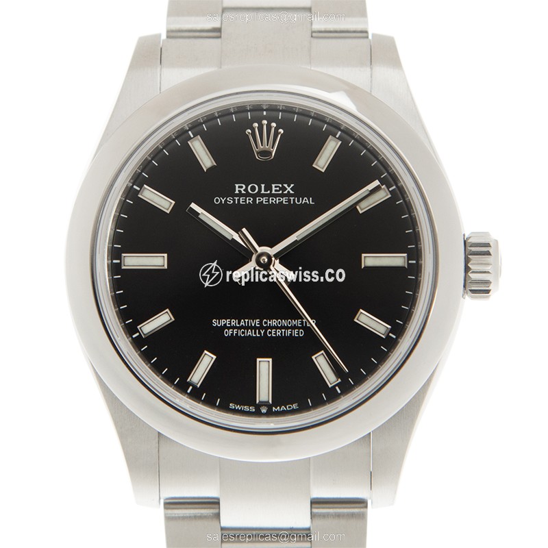 Rolex OYSTER PERPETUAL Replica - Automatic - Steel Case - Black Dial, Silver Clasp - Luxury Replica OYSTER PERPETUAL Watch