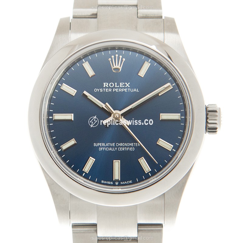 Rolex OYSTER PERPETUAL Replica - Automatic - Steel Case - Blue Dial, Silver Clasp & Steel Strap