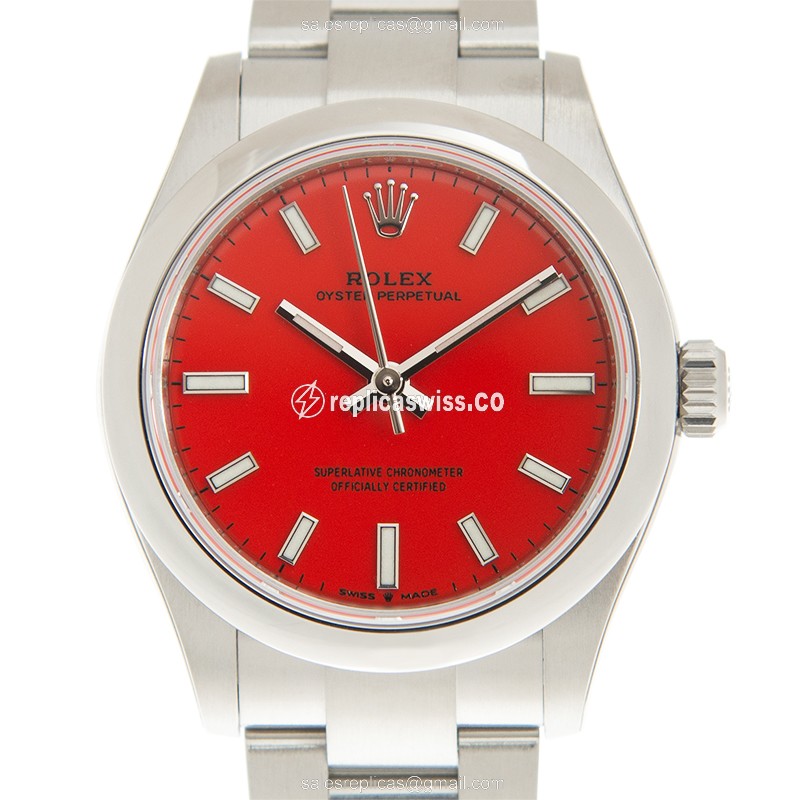 Rolex 277200-0008 OYSTER PERPETUAL Replica | Automatic | Red Dial on Silver Strap