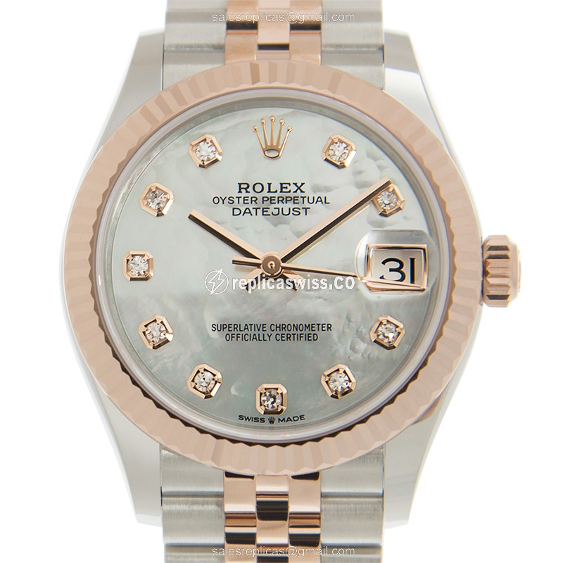 Rolex Datejust Replica: Automatic, 18kt Rose Gold/Steel, White Dial, Gold Clasp, 18kt Steel Strap