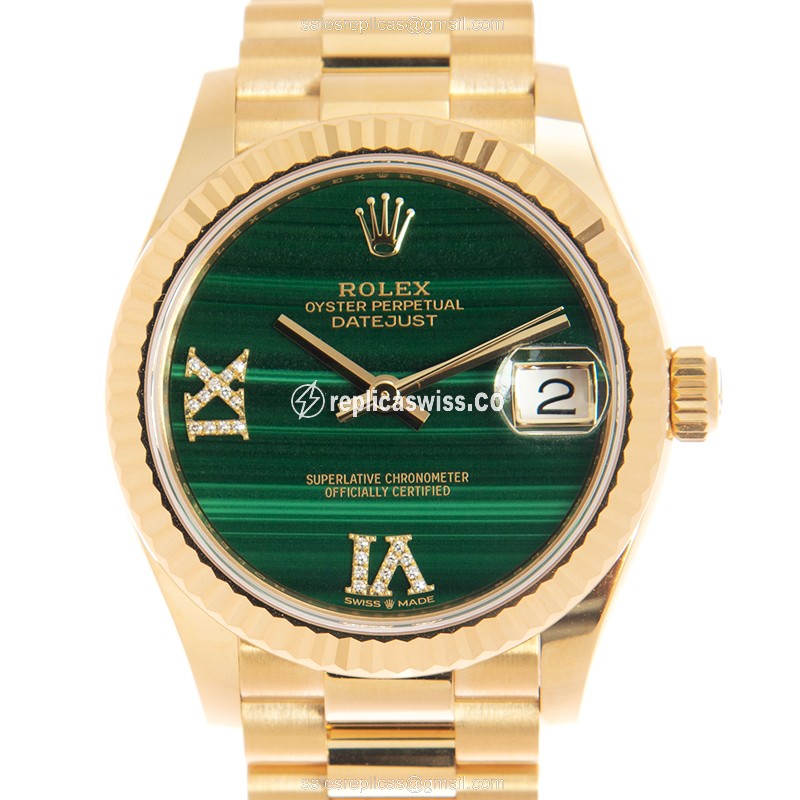 Rolex Datejust Replica - Automatic - 18kt Yellow Gold - Green Dial, Gold Clasp & Strap