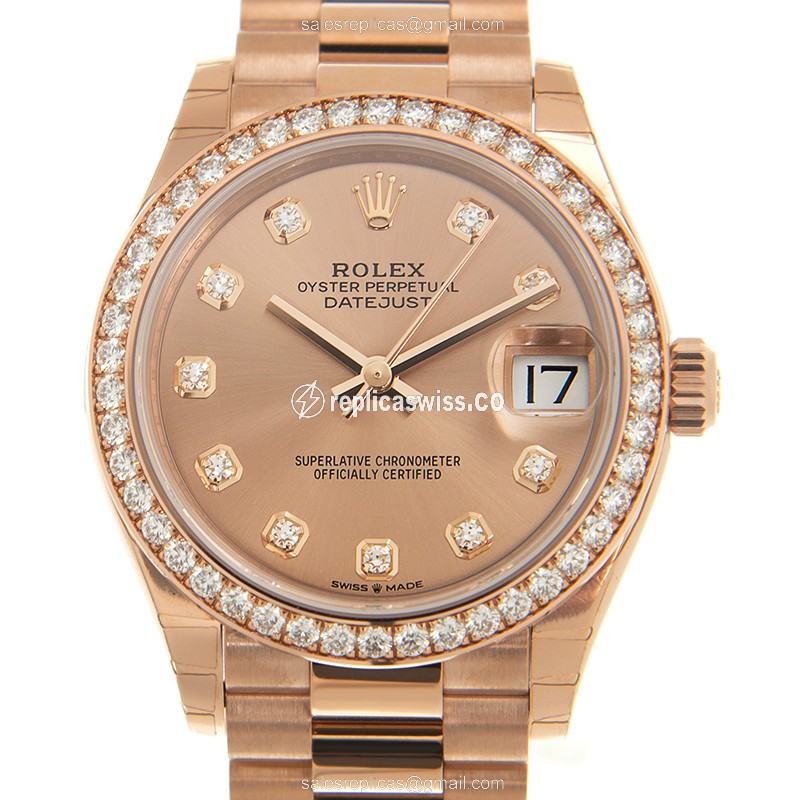 Rolex DATEJUST Replica - Automatic - 18kt Rose Gold - Diamonds - Brown Dial