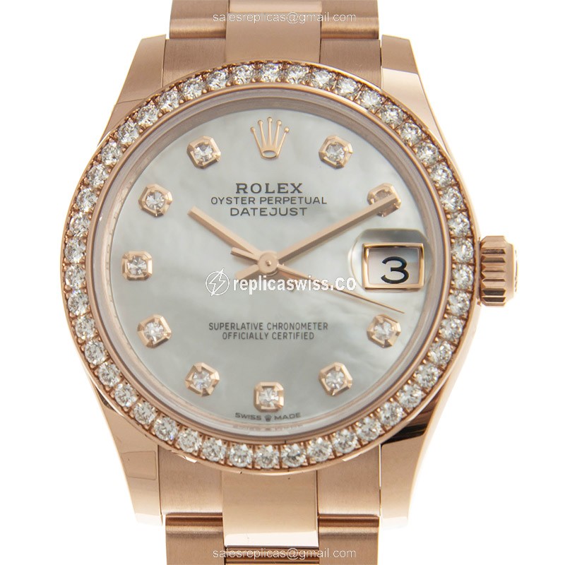 Rolex Datejust Replica - Automatic - 18kt Rose Gold Case - White Dial - Gold Clasp & Strap