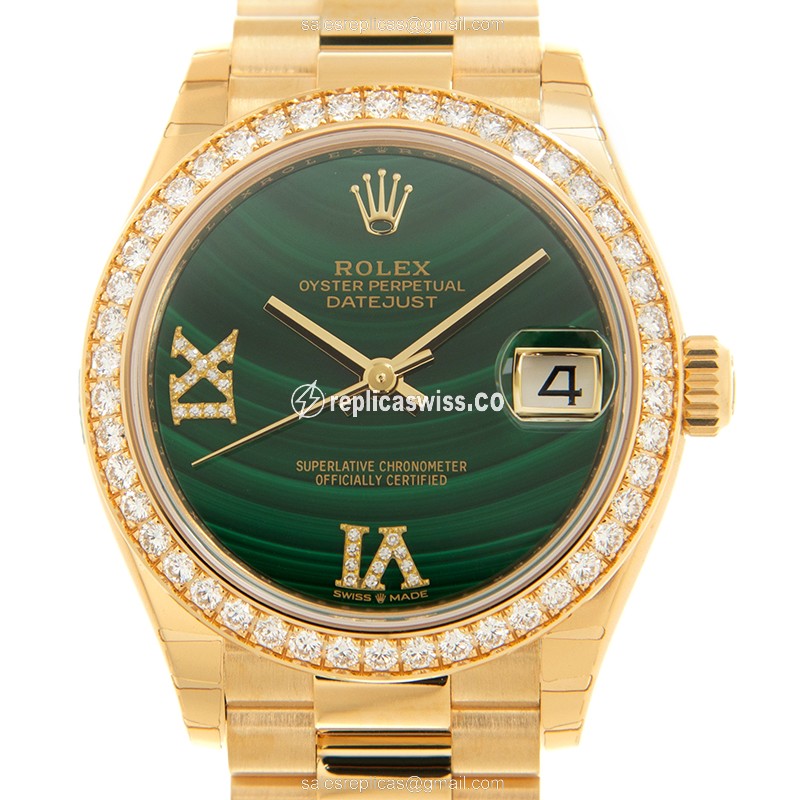 Rolex Datejust Replica - Automatic - 18kt Gold Case - Green Dial - Gold Clasp & Strap