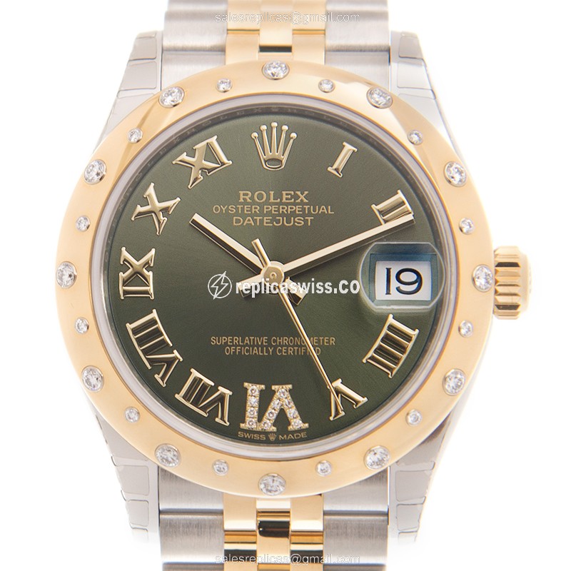 Rolex Datejust Replica - Automatic - 18kt Gold & Diamond - Green Dial - Gold Strap