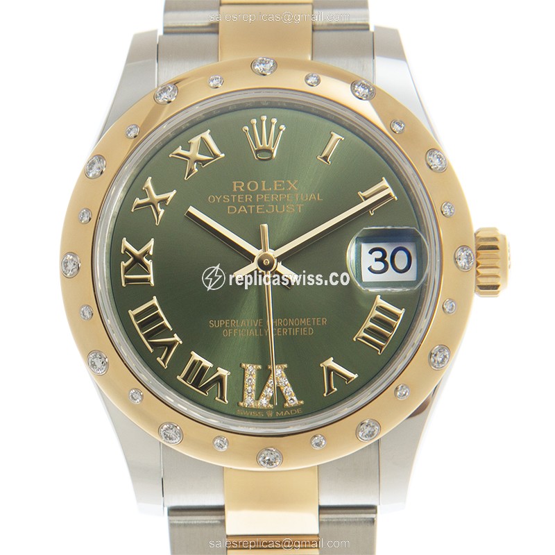 Rolex DATEJUST Replica - Automatic - 18kt Gold & Diamond - Green Dial, Steel Clasp