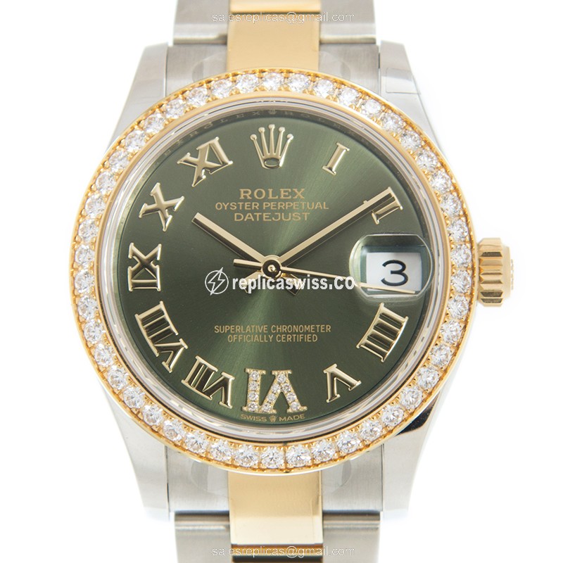Rolex Datejust Replica - Automatic - 18kt Gold Case - Green Dial on Gold Steel Strap