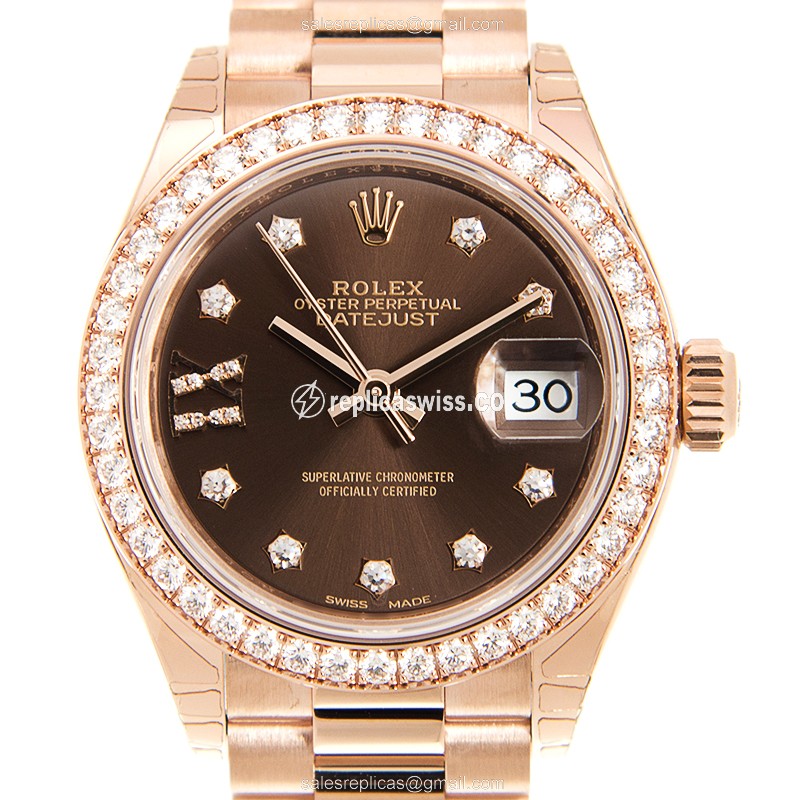 Rolex Lady Datejust Replica - Automatic - 18kt Rose Gold Case - Brown Dial on Gold Strap