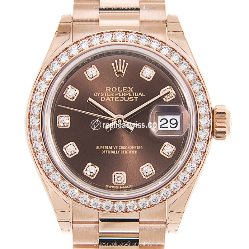 Rolex Datejust Replica - Automatic - 18kt Rose Gold Case - Diamonds - Brown Dial