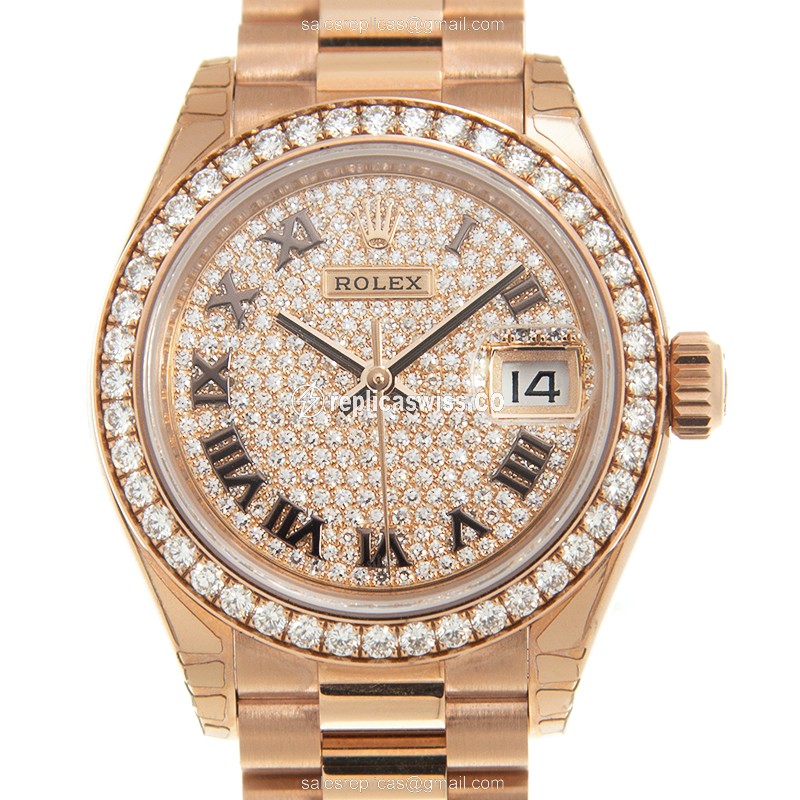 Rolex Datejust Replica - Automatic - 18kt Rose Gold Case - Diamond Bezel - Gold Dial