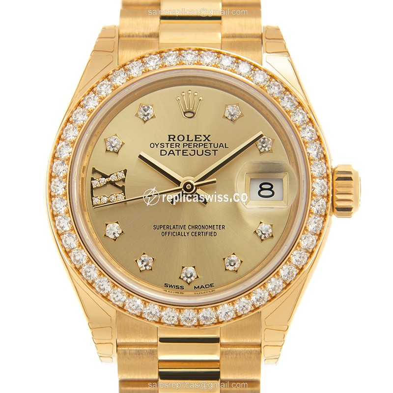 Rolex Lady Datejust Replica - Automatic - 18kt Gold - Diamond - Gold Dial - Gold Strap - Luxury Replica LADY DATEJUST Watch