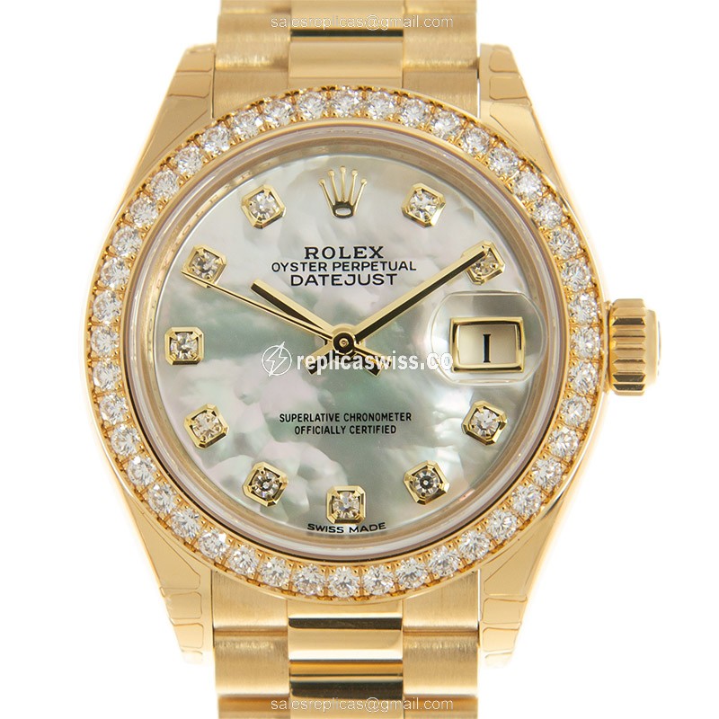 Rolex Lady Datejust Replica - 18kt Gold - White Dial on Gold Strap