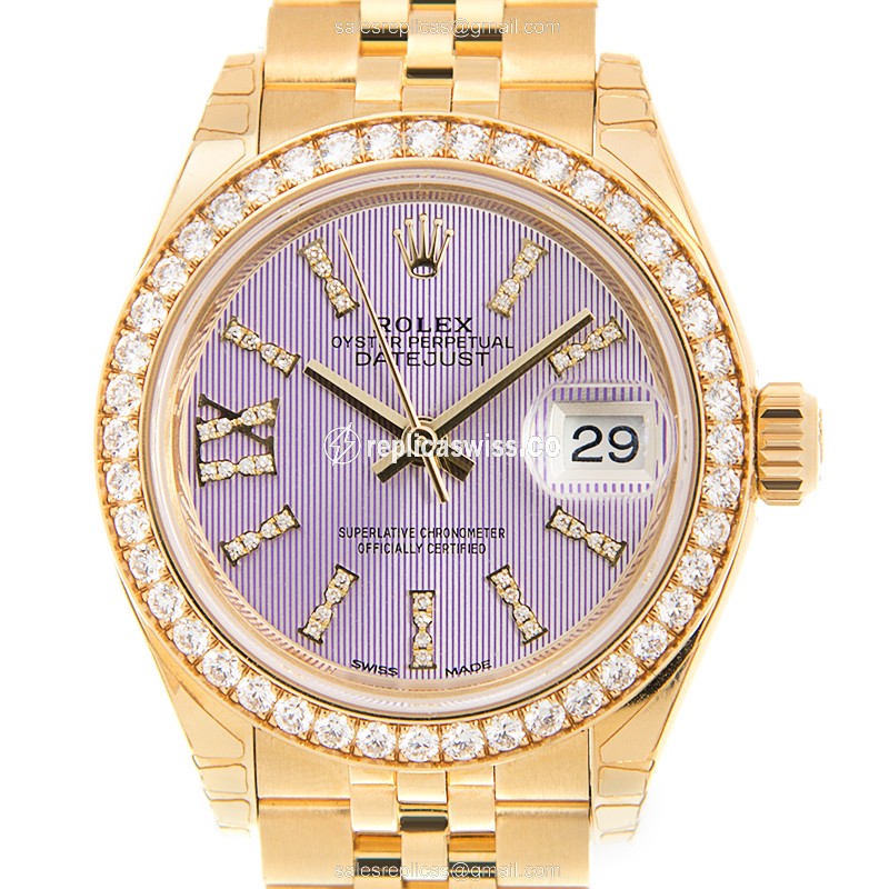 Rolex Lady Datejust Replica - Automatic - 18kt Gold Case, Purple Dial on Gold Strap