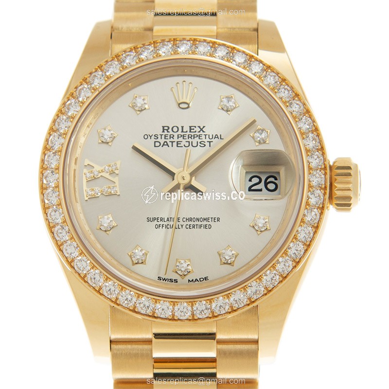 Rolex Lady Datejust Replica - Automatic - 18kt Gold Case, Diamond - Silver Dial