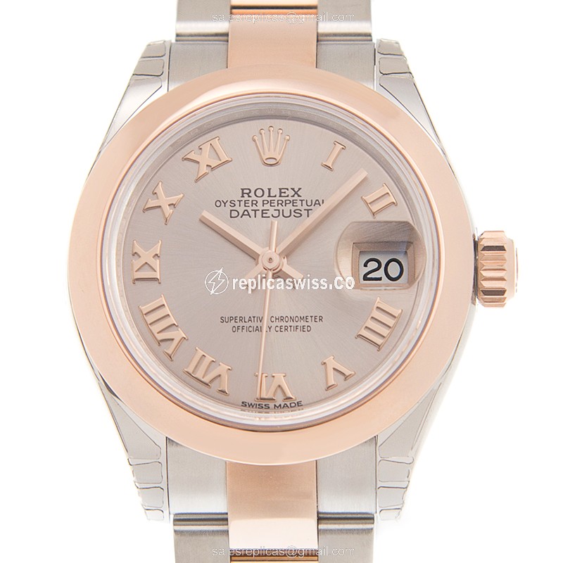 Rolex Lady Datejust Replica - Automatic 18kt Rose Gold Case - Pink Dial - Gold Steel Strap