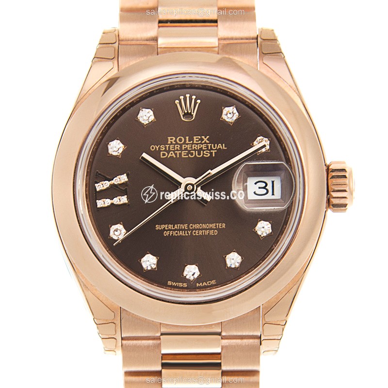 Rolex Lady Datejust Replica - Automatic - 18kt Rose Gold - Brown Dial - Pink Strap - Luxury Replica LADY DATEJUST Watch