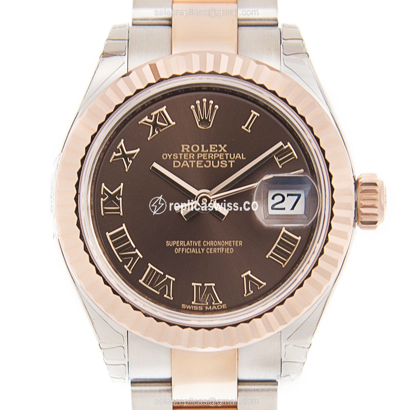 Rolex Lady Datejust Replica - Automatic - 18kt Rose Gold Case - Brown Dial on Gold Steel Strap
