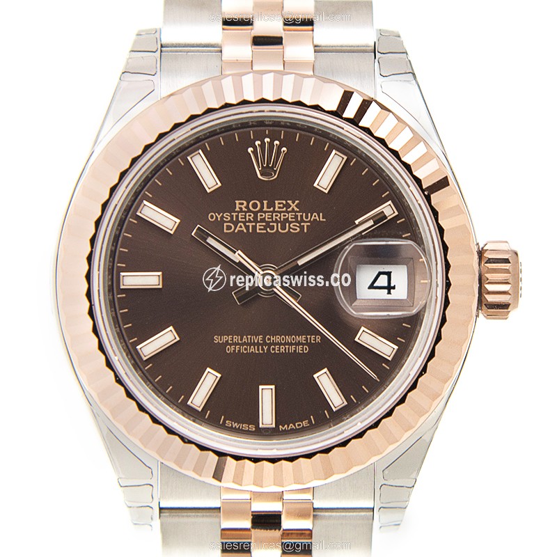 Rolex Lady Datejust Replica: Automatic - Rose Gold Case - Brown Dial on Gold Strap