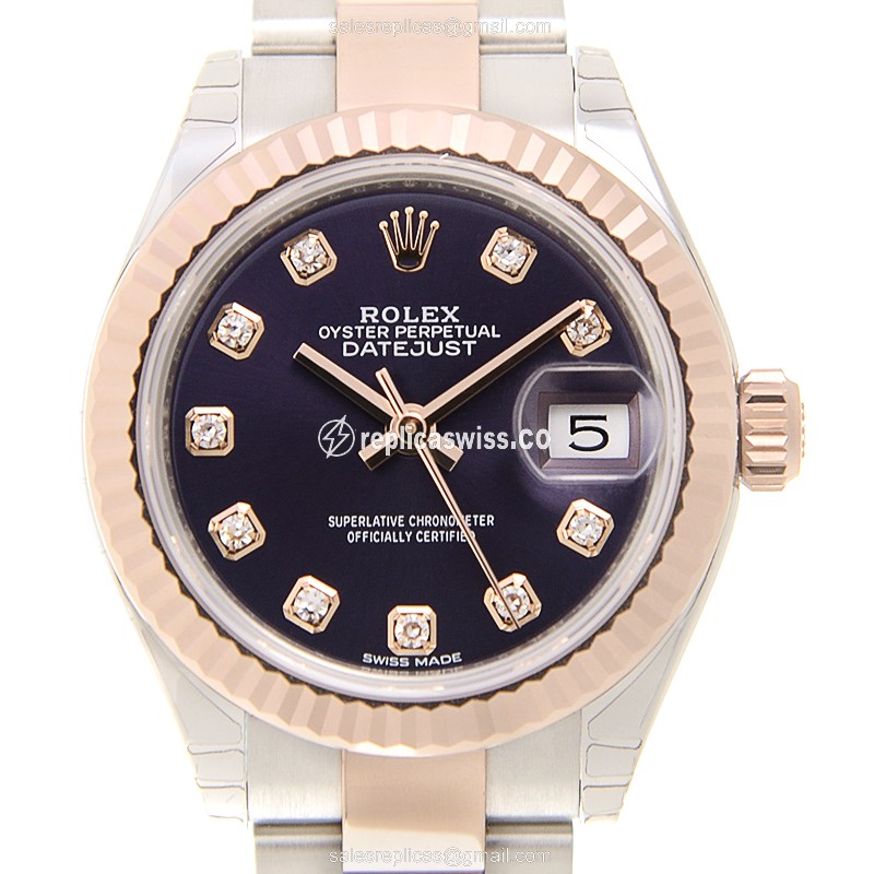 Rolex Datejust Replica: Automatic 18kt Rose & Steel Case - Purple Dial