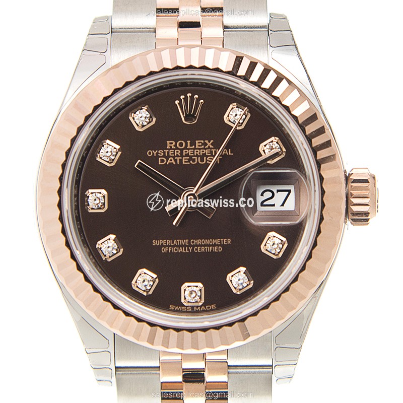 Rolex Lady Datejust Replica - Automatic - 18kt Rose Gold Case - Brown Dial on Steel Strap