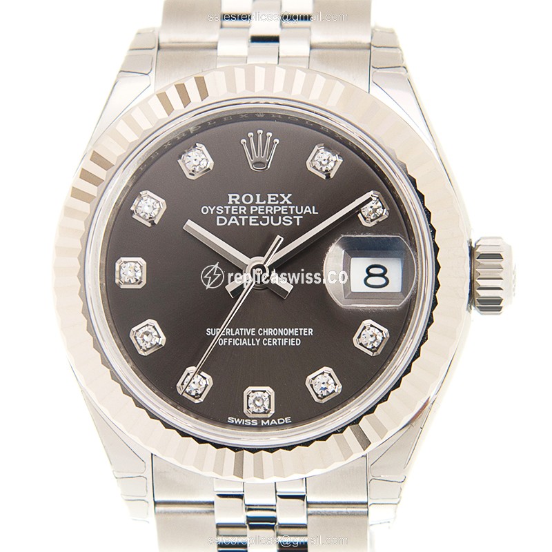Rolex Lady Datejust Replica - Automatic - 18kt White Gold & Steel - Dark Grey Dial - Silver Steel Strap