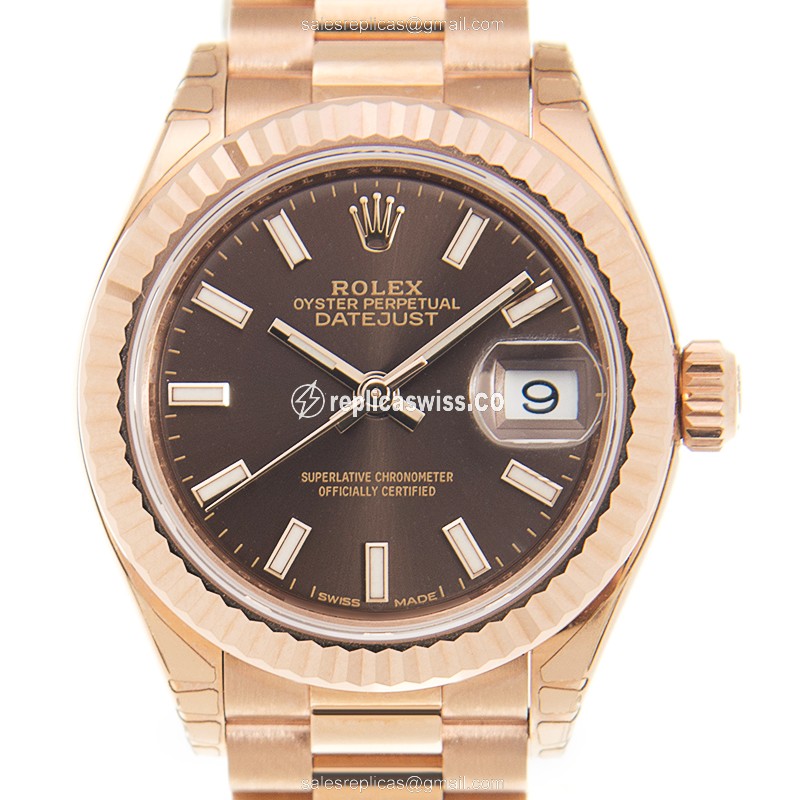 Rolex Lady Datejust Replica - Automatic - 18kt Gold Case - Brown Dial