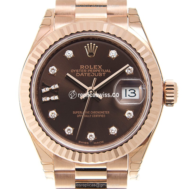 Rolex Lady Datejust Replica - Automatic - 18kt Rose Gold - Brown Dial - Gold Strap - Luxury Replica LADY DATEJUST Watch