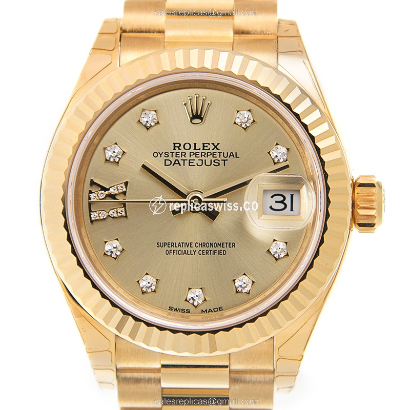 Rolex Lady Datejust Replica - 18kt Gold Case - Automatic - Gold Dial - Gold Strap