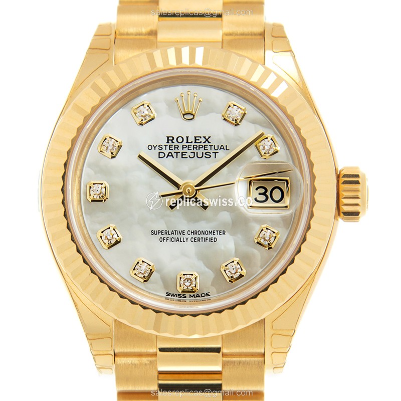 Rolex Datejust Lady Replica - Automatic - White Dial - 18kt Yellow Gold Case, Gold Clasp & Strap