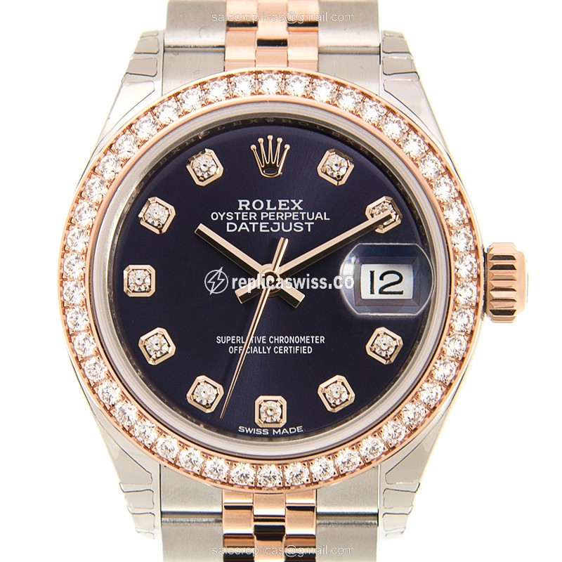 Rolex Datejust Replica - Automatic - 18kt Rose Gold - Purple Dial, Diamond Clasp & Gold Steel Strap