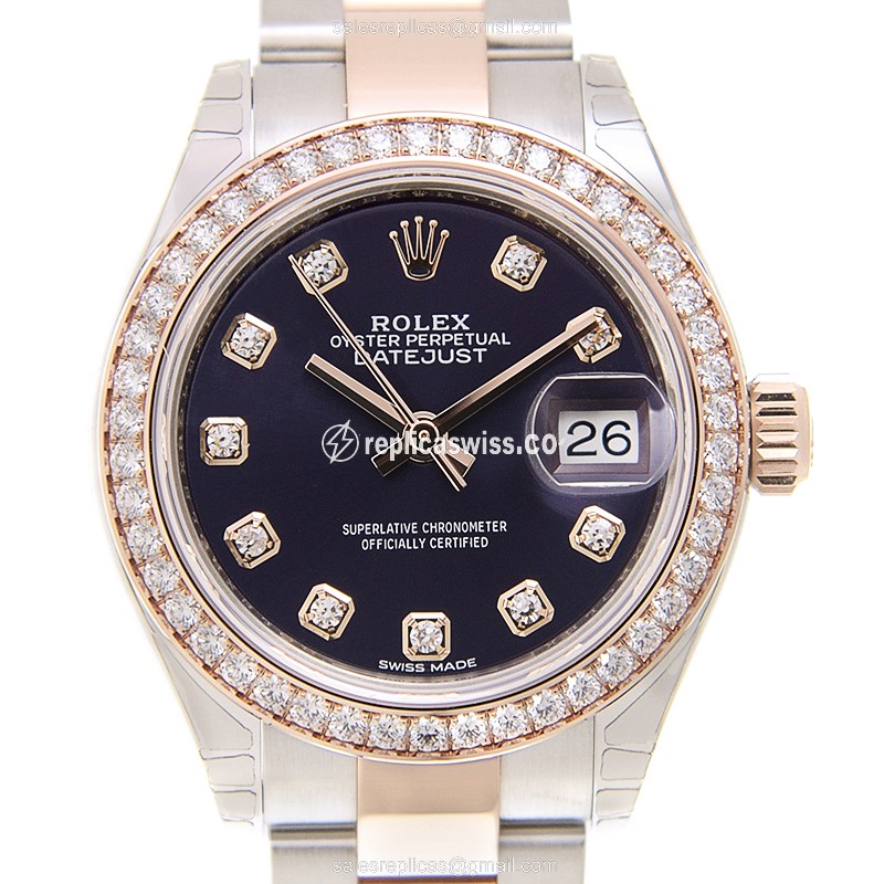 Rolex Lady Datejust Replica - Automatic 18kt Rose - Purple Dial - Gold Clasp & Steel Strap