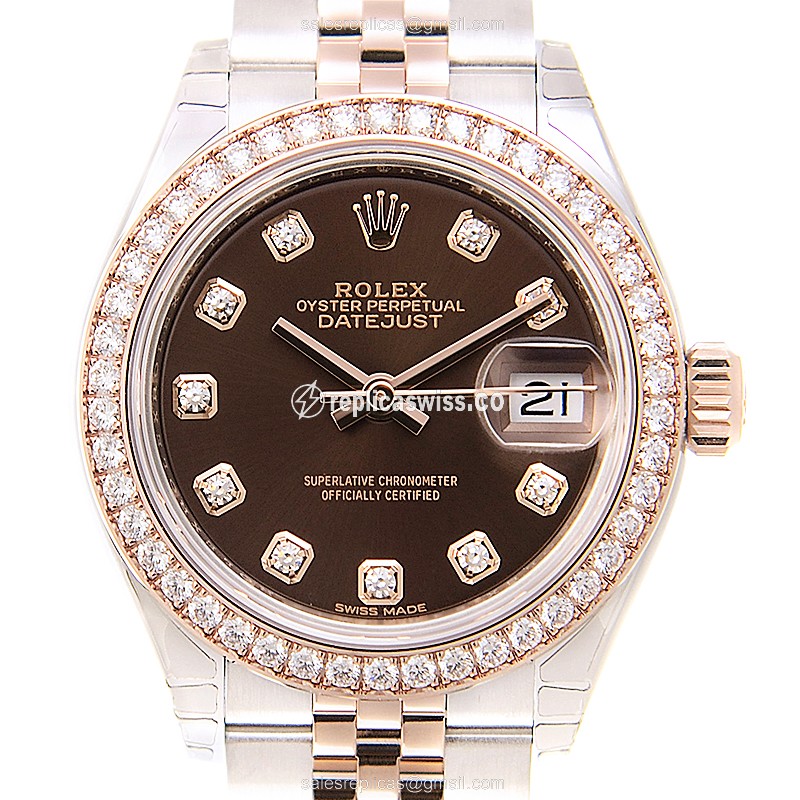 Rolex Lady Datejust Replica - Automatic - Brown Dial - 18kt Gold Case & Strap - Diamond Bezel