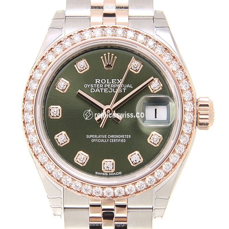 Rolex Datejust Replica - Automatic - 18kt Rose Gold - Green Dial - Diamond Bezel