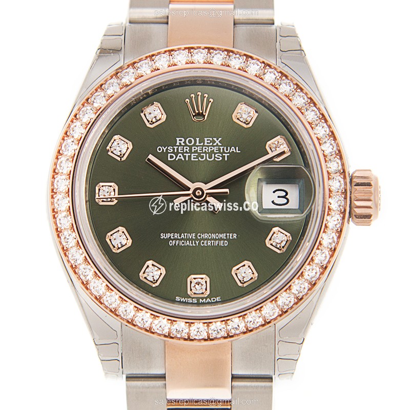 Rolex Datejust Replica - Automatic - 18kt Rose Gold - Green Dial, Diamond Bezels