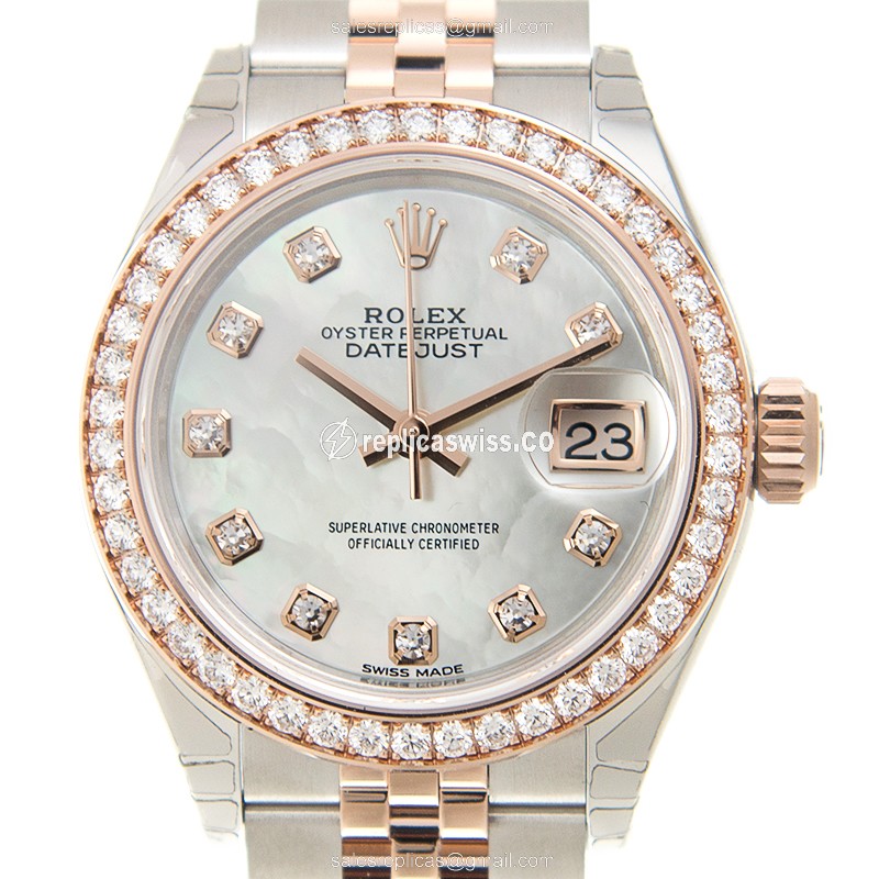 Rolex Datejust Replica - Automatic - 18kt Rose Gold - White Dial, Diamond Bezel