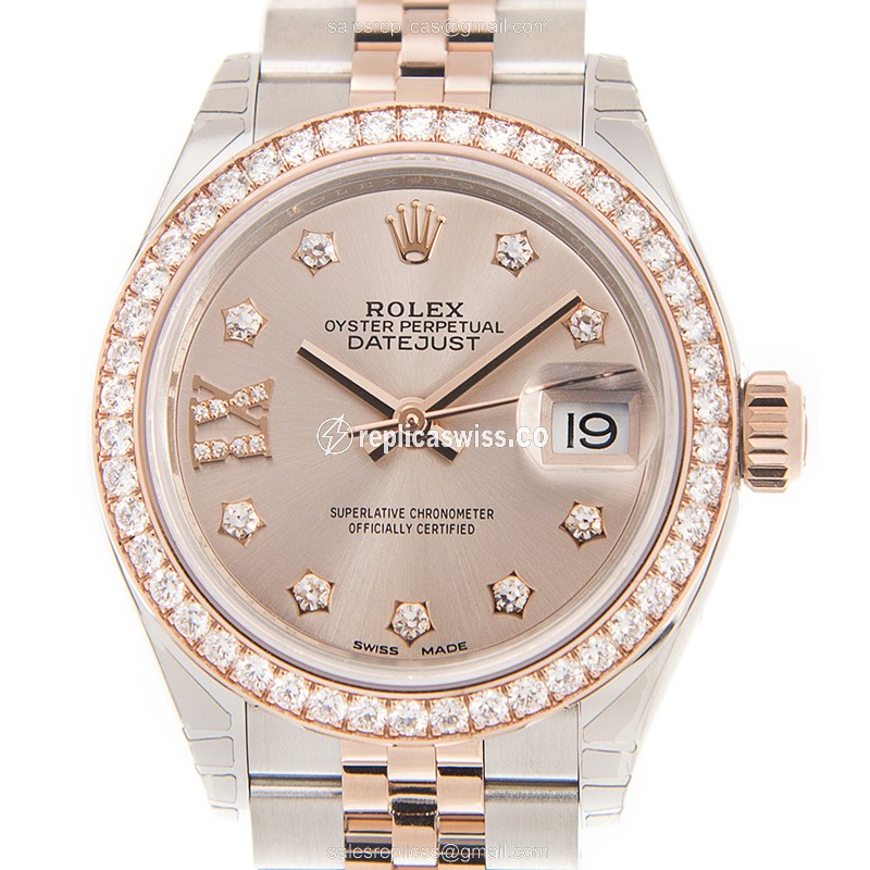 Rolex Datejust Replica - Automatic - 18kt Rose Gold - Pink Dial - Diamond Clasp