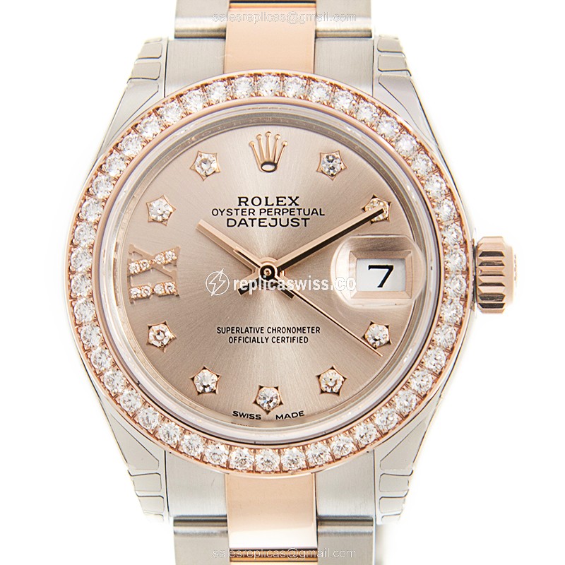 Rolex Lady Datejust Replica - 18kt Rose Gold - Automatic - Pink Dial - Diamond Clasp & Gold Steel Strap