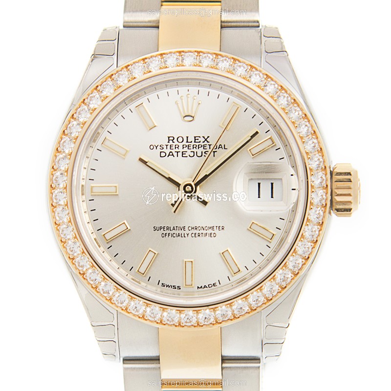 Rolex Lady Datejust Replica - Automatic - 18kt Gold & Diamond - Silver Dial, Gold & Steel Strap