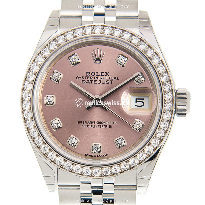 Rolex Lady Datejust Replica - 18kt White Gold - Pink Dial, Automatic - Steel & Diamond Clasp