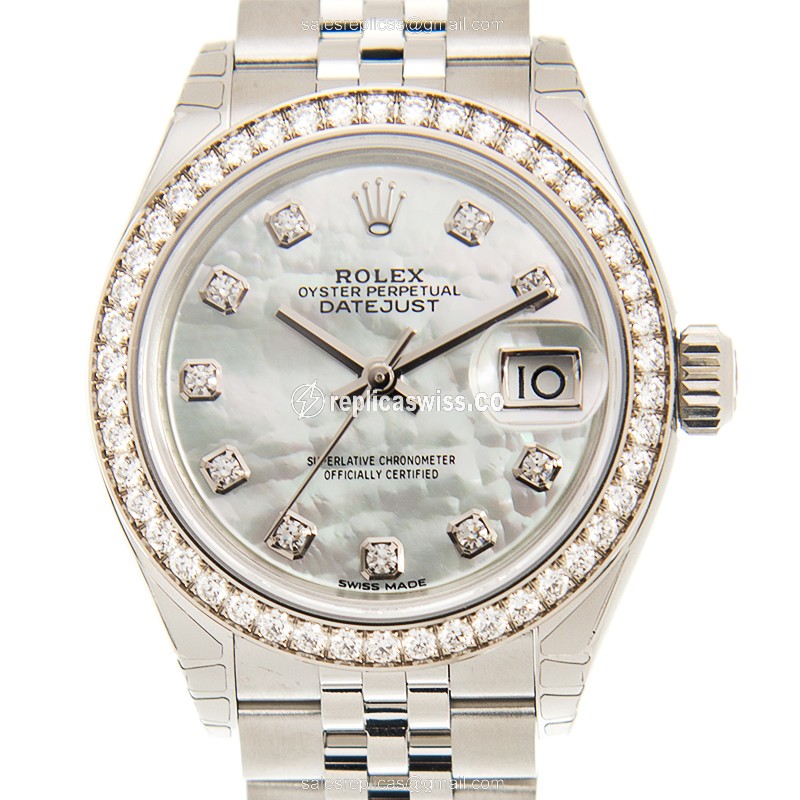 Rolex Datejust Replica - Automatic - White Gold Case - Diamond Bezel - Silver Strap