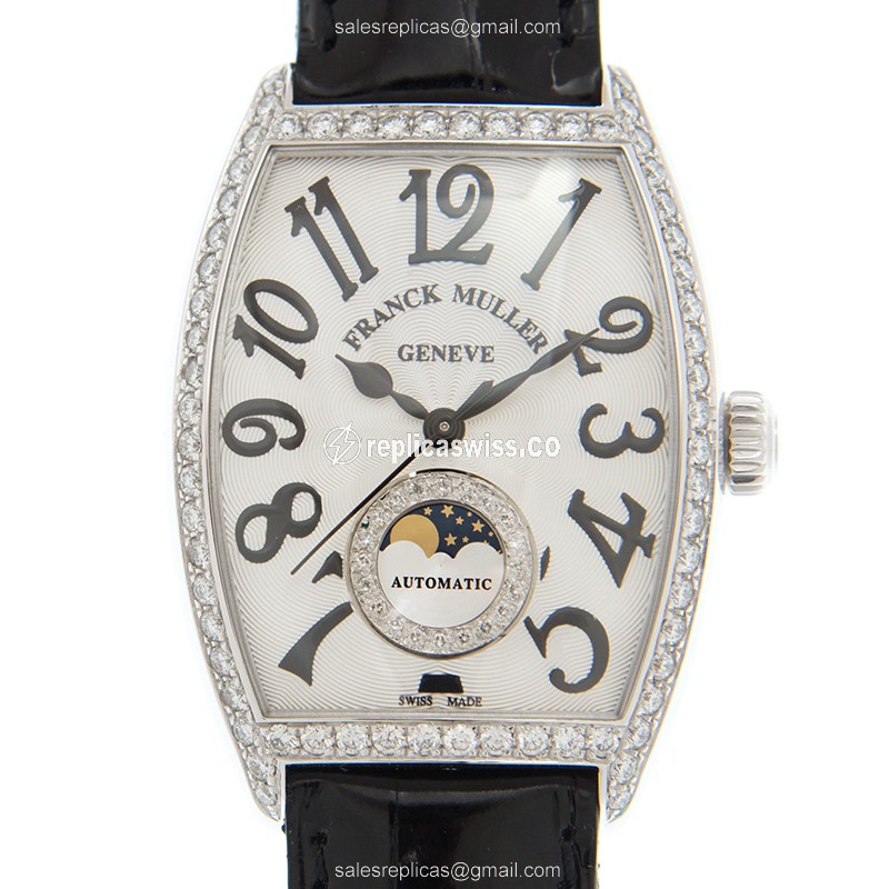 Franck Muller 2850 SC AT FO L D 1R CD 1R GENEVE Auto Stainless Diamonds White Dial Leather Black Buckle