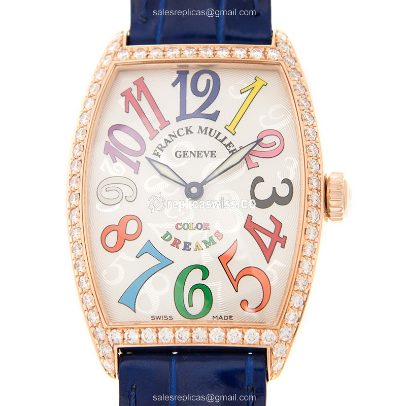 Franck Muller 2852 B QZ COL DRM D 1R CINTREE CURVEX - Quartz - 18kt Rose Gold Case - White Dial - Blue Alligator Strap